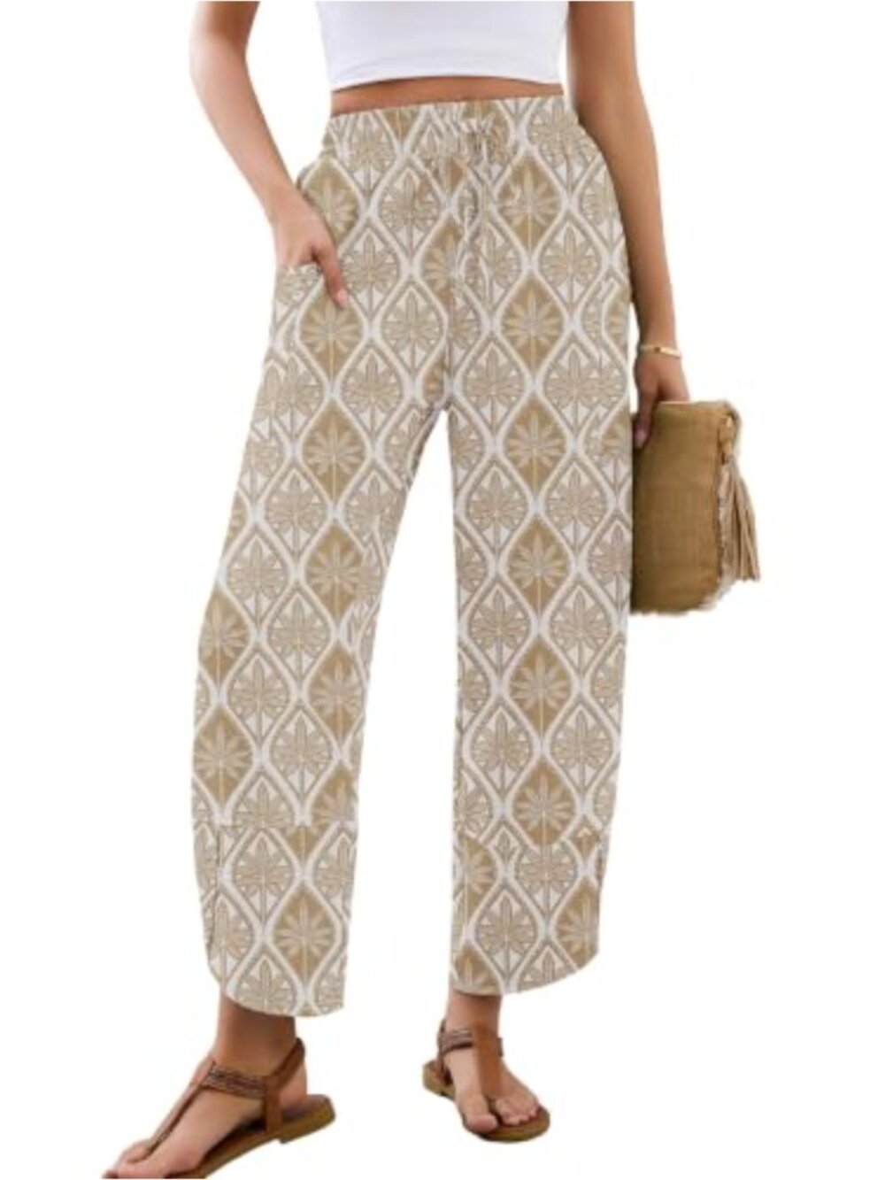 Wide Leg Palazzo Pants High Waist Elastic Waist Drawstring Pockets Flowy Summer